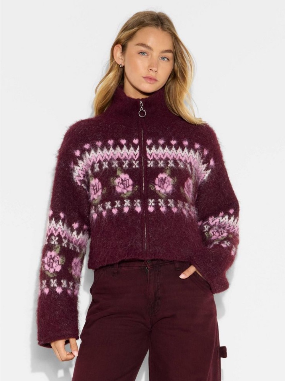 Wild Fable Women's Fair Isle Full Zip Mock Neck Knit Cardigan XL NWT
